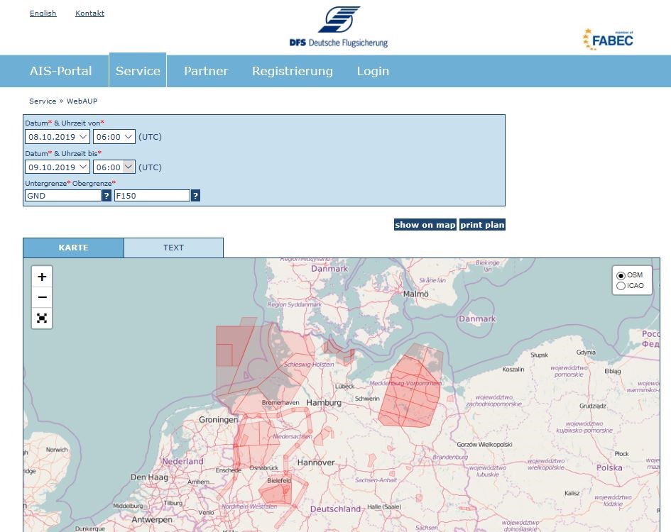 Eingabeseite von WebAUP mit Kartenausschnitt aktiver Lufträume